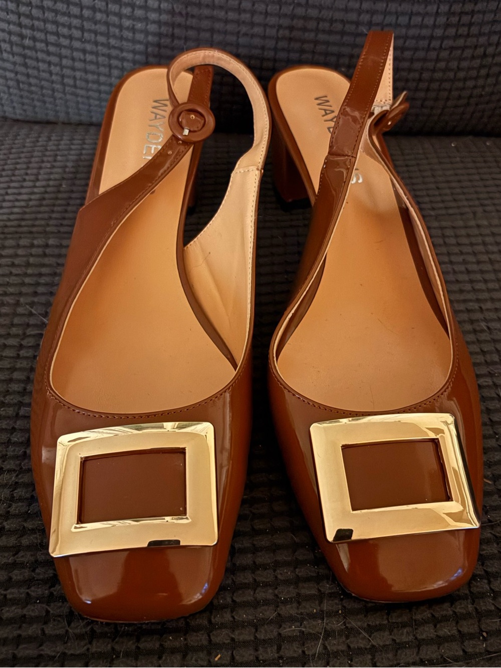 Brown slide on heels with gold accent